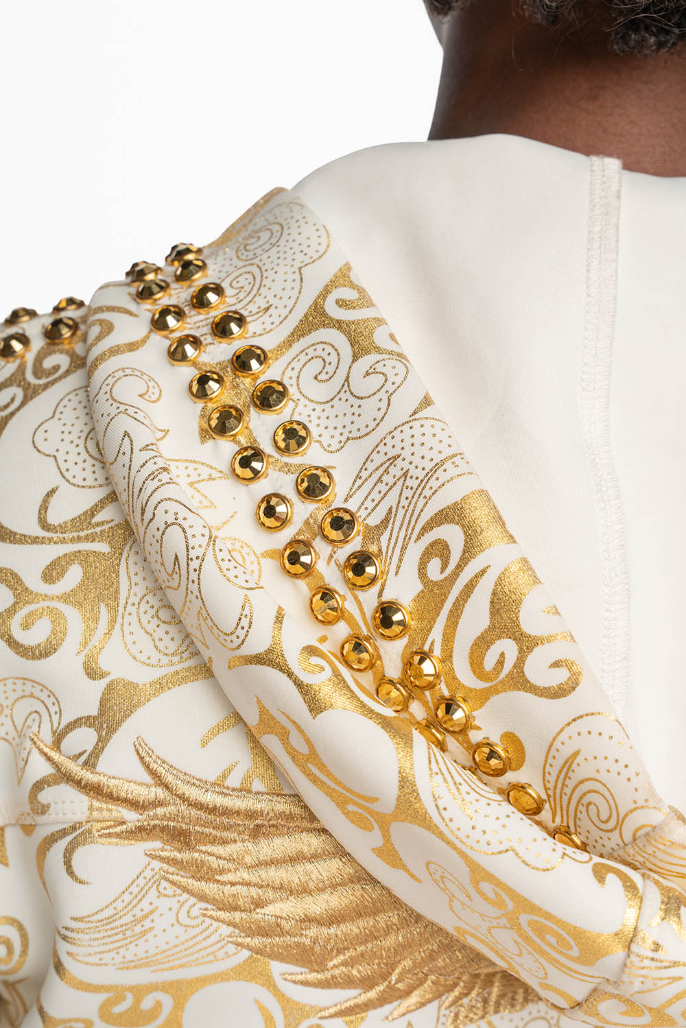 HOODED TRACK JACKET IN GOLD/WHITE PRINT WITH LARGE CRYSTALS