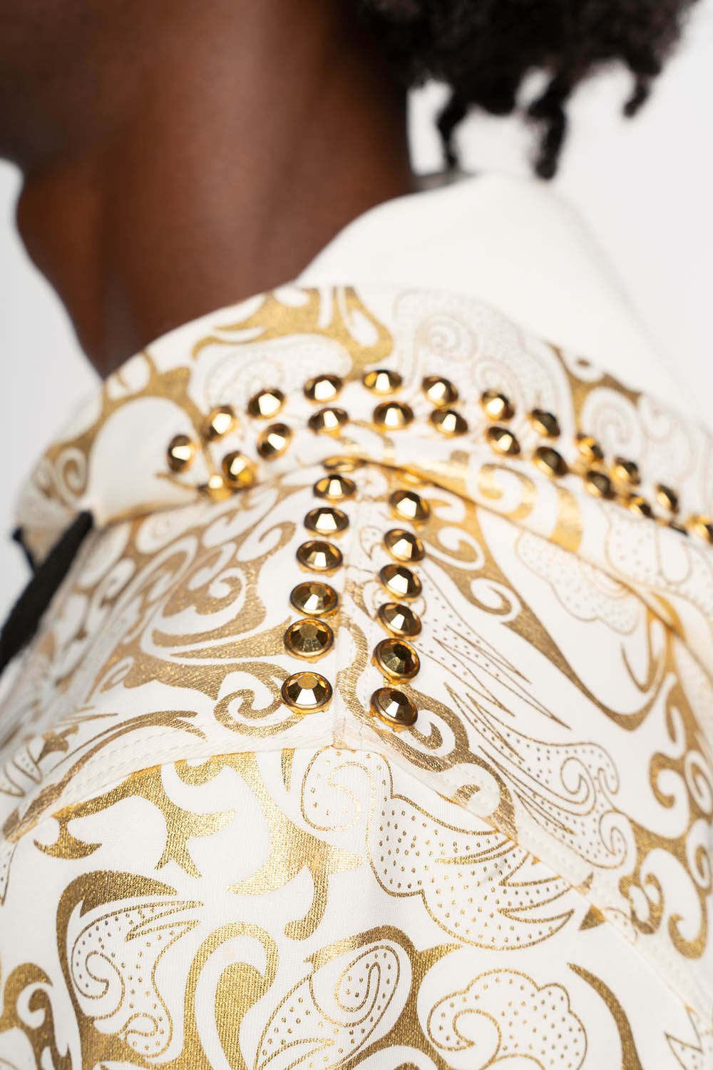 HOODED TRACK JACKET IN GOLD/WHITE PRINT WITH LARGE CRYSTALS