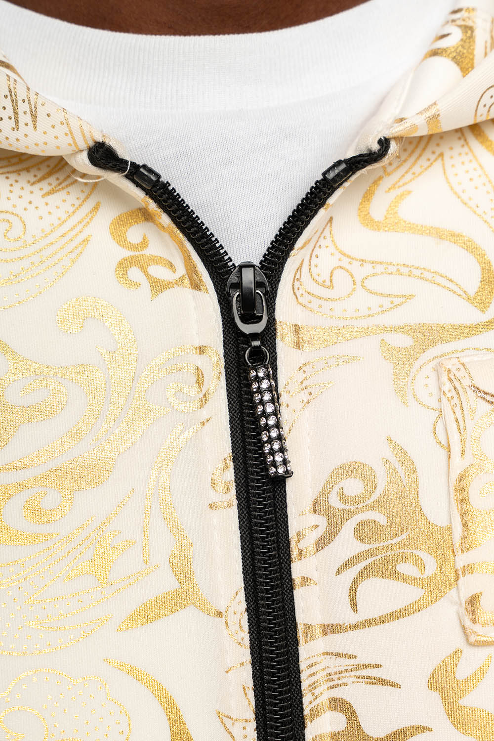 HOODED TRACK JACKET IN GOLD/WHITE PRINT WITH LARGE CRYSTALS