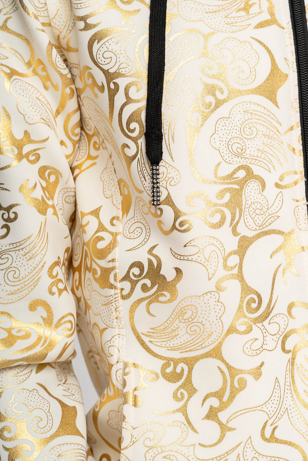 HOODED TRACK JACKET IN GOLD/WHITE PRINT WITH LARGE CRYSTALS