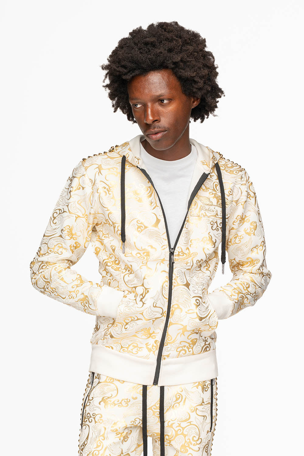 HOODED TRACK JACKET IN GOLD/WHITE PRINT WITH LARGE CRYSTALS
