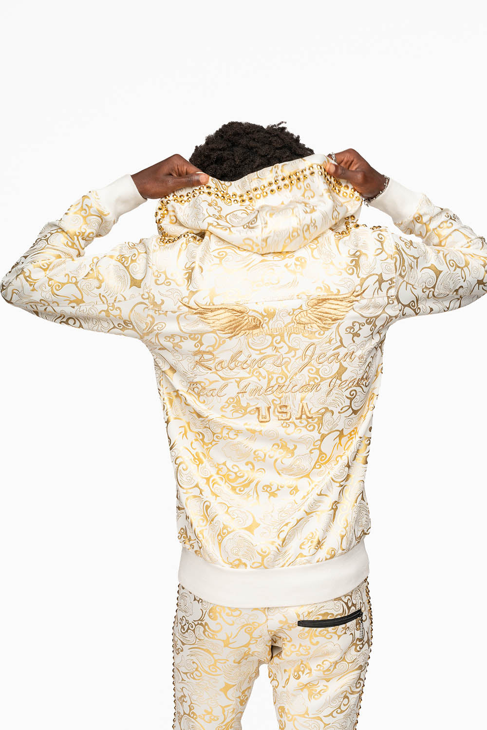 HOODED TRACK JACKET IN GOLD/WHITE PRINT WITH LARGE CRYSTALS