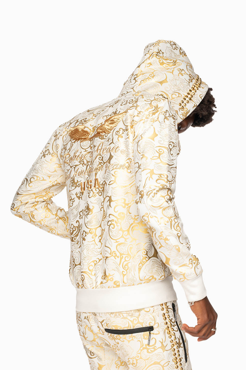 HOODED TRACK JACKET IN GOLD/WHITE PRINT WITH LARGE CRYSTALS