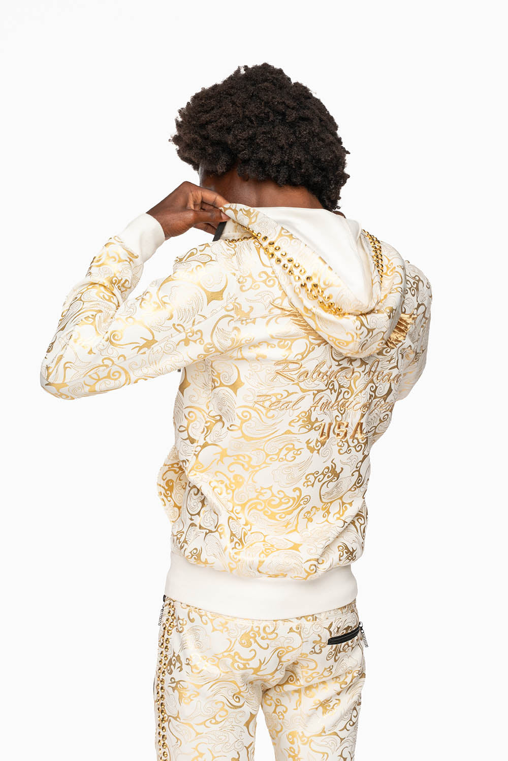 HOODED TRACK JACKET IN GOLD/WHITE PRINT WITH LARGE CRYSTALS
