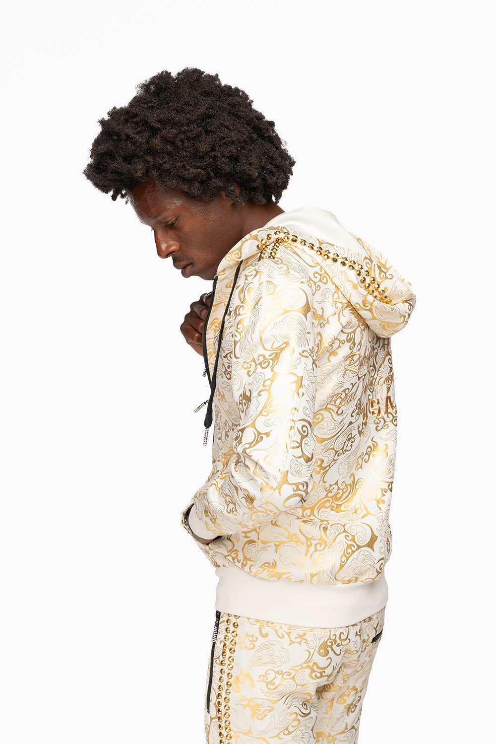 HOODED TRACK JACKET IN GOLD/WHITE PRINT WITH LARGE CRYSTALS