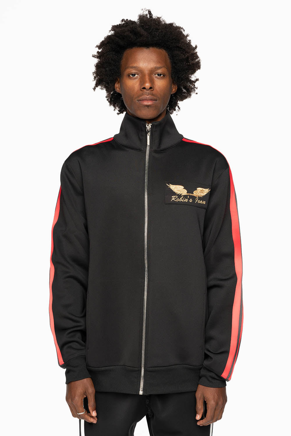 TRACK JACKET IN BLACK WITH RED STRIPE AND GOLD ROBIN’S LOGO EMBROIDERY