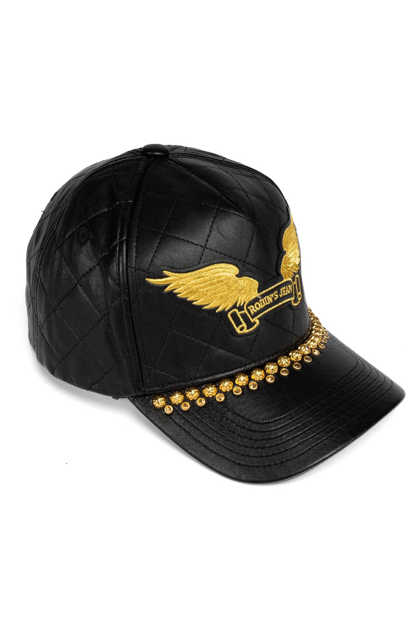 ROBINS LEATHER QUILTED CAP WITH GOLD WINGS STUDS AND CRYSTALS IN BLACK