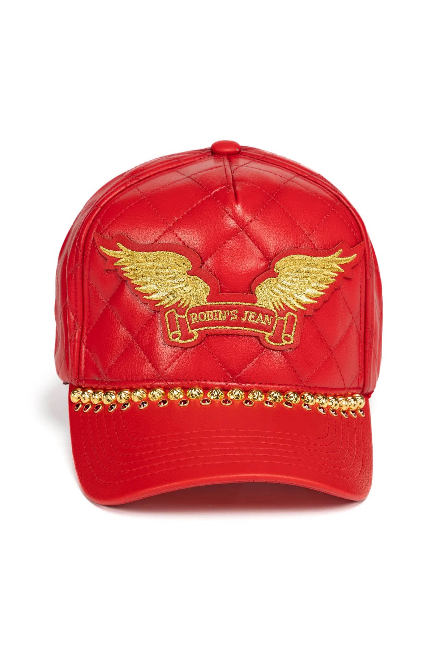 ROBINS LEATHER QUILTED CAP WITH GOLD WINGS STUDS AND CRYSTALS IN RED