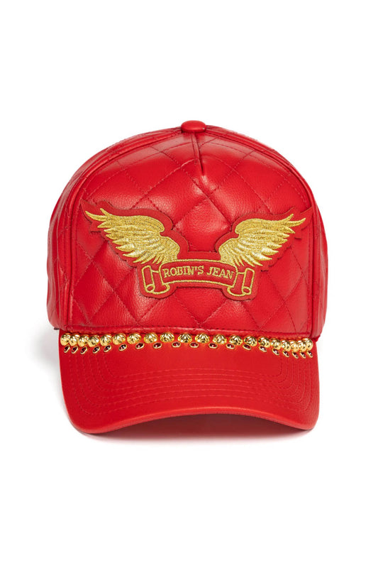 ROBINS LEATHER QUILTED CAP WITH GOLD WINGS STUDS AND CRYSTALS IN RED