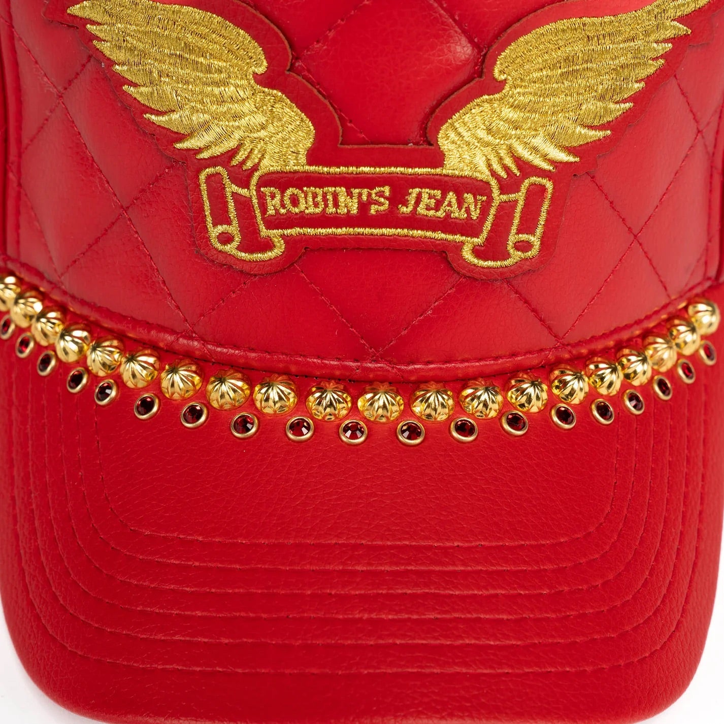 ROBINS LEATHER QUILTED CAP WITH GOLD WINGS STUDS AND CRYSTALS IN RED