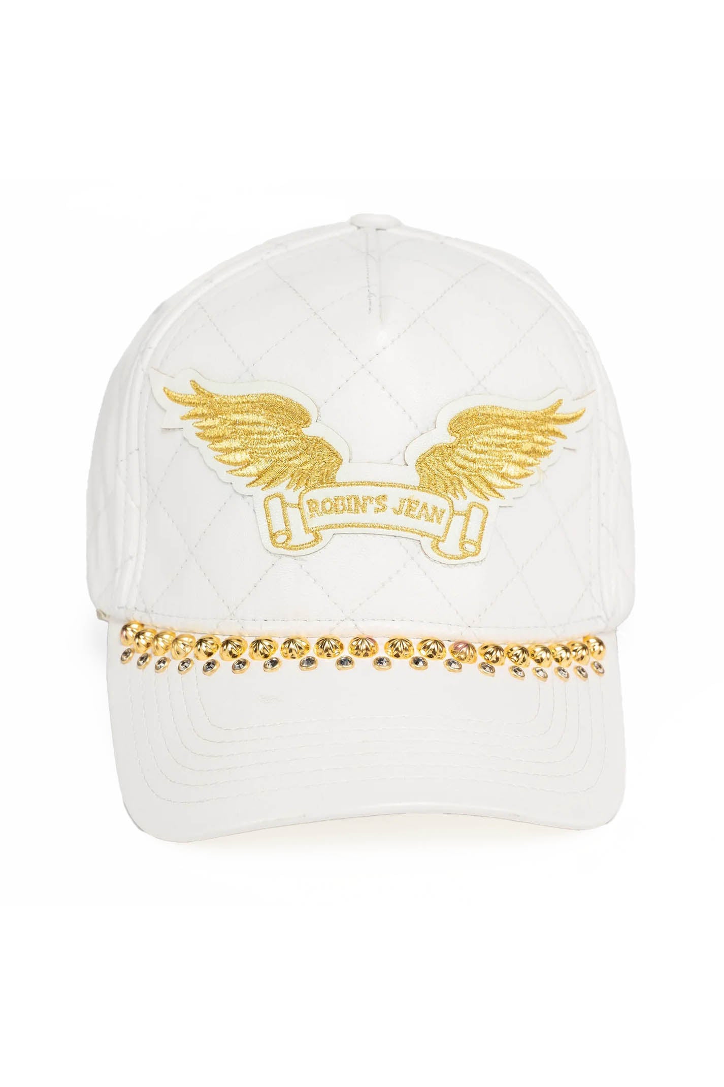 ROBINS LEATHER QUILTED CAP WITH GOLD WINGS STUDS AND CRYSTALS IN WHITE