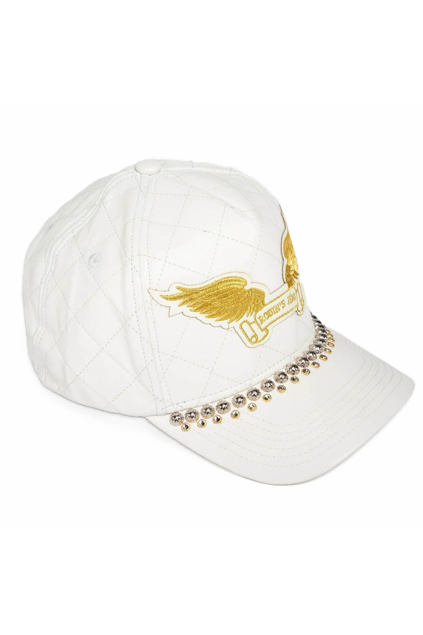 ROBINS LEATHER QUILTED CAP WITH GOLD WINGS STUDS AND CRYSTALS IN WHITE