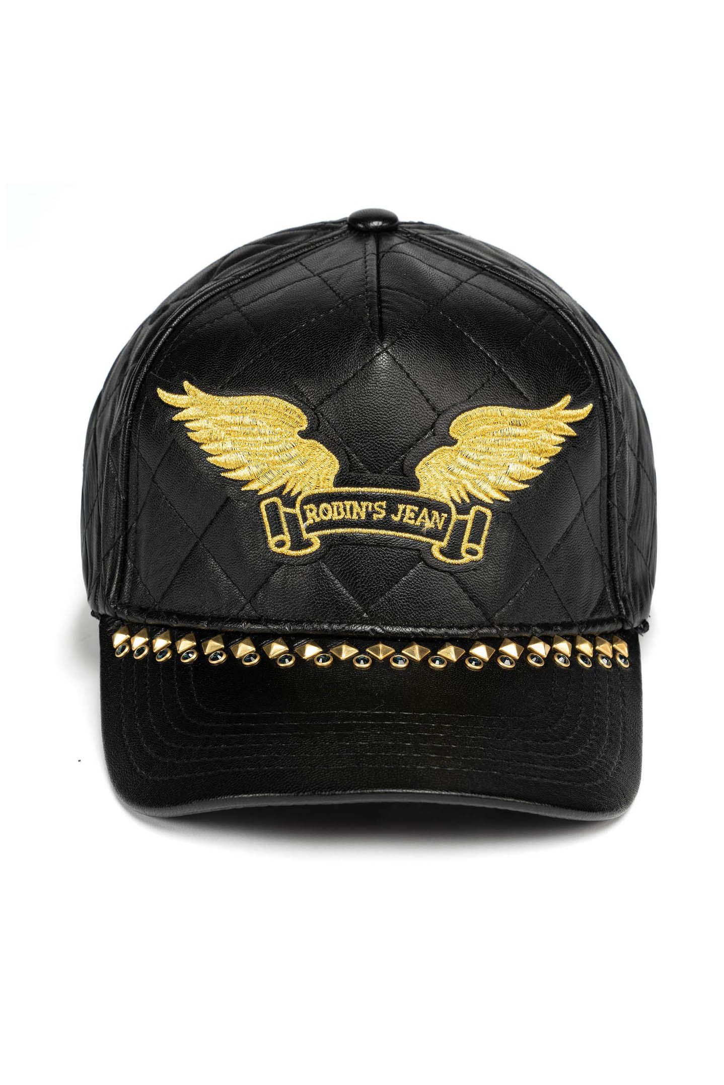 ROBINS LEATHER QUILTED CAP WITH GOLD WINGS STUDS AND CRYSTALS IN BLACK