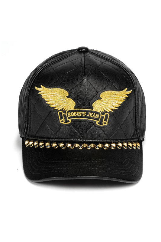 ROBINS LEATHER QUILTED CAP WITH GOLD WINGS STUDS AND CRYSTALS IN BLACK