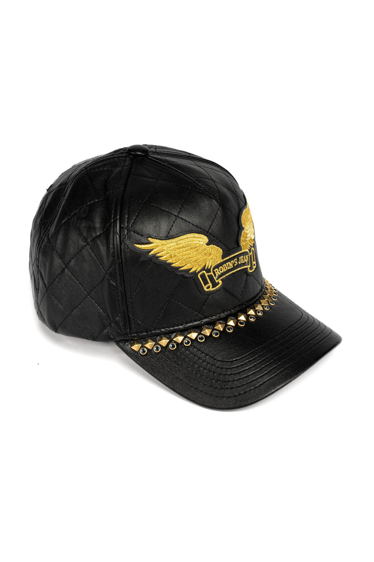 ROBINS LEATHER QUILTED CAP WITH GOLD WINGS STUDS AND CRYSTALS IN BLACK