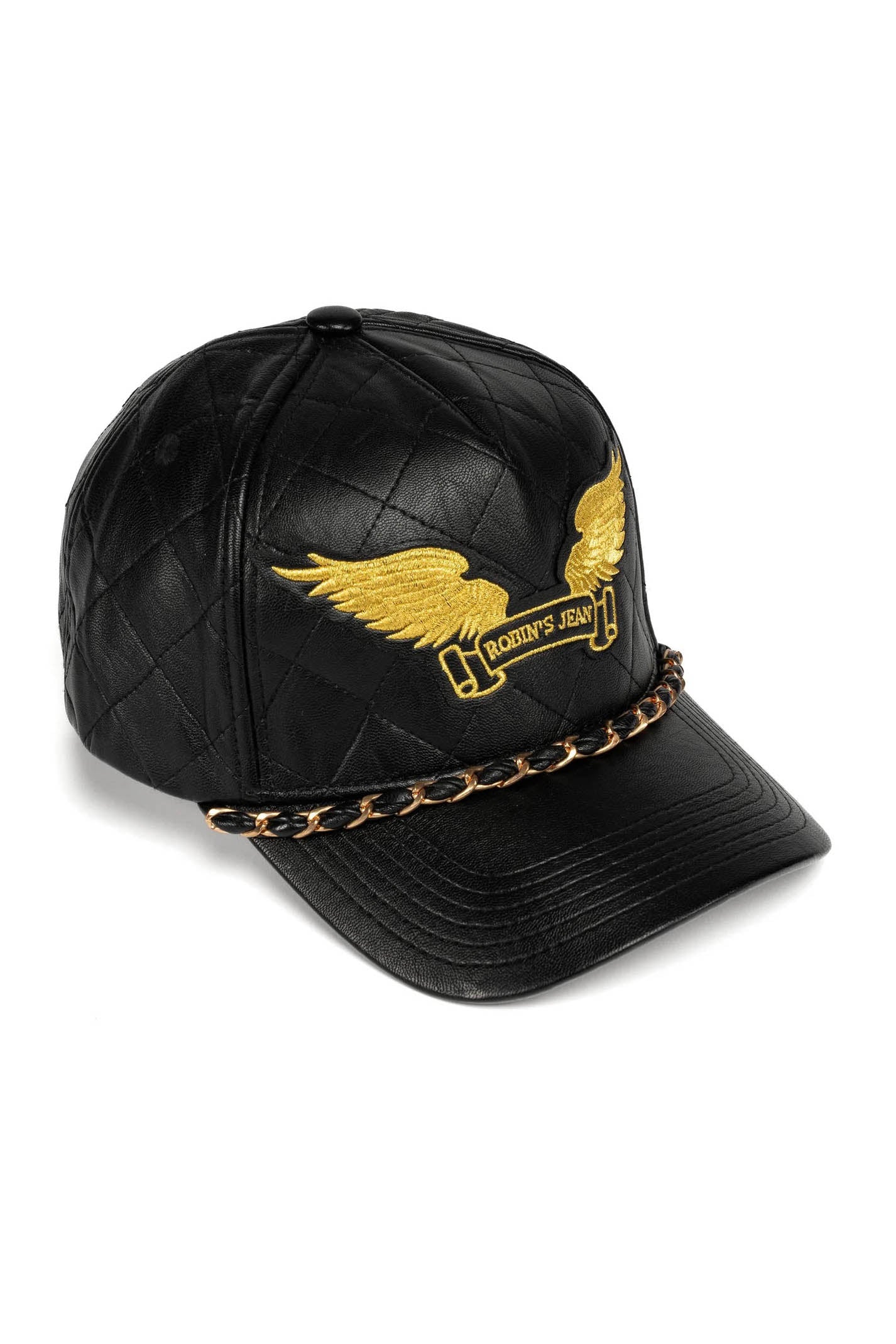 ROBINS LEATHER QUILTED CAP WITH GOLD WINGS STUDS AND COPPER CHAIN IN BLACK