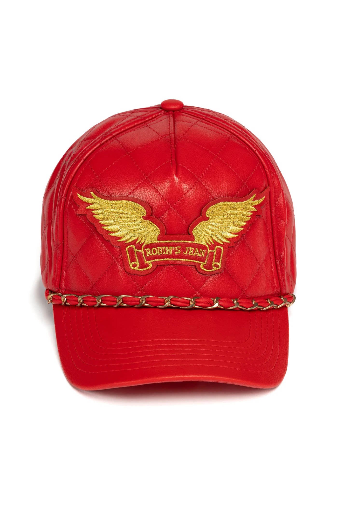 ROBINS LEATHER QUILTED CAP WITH GOLD WINGS STUDS AND COPPER CHAIN IN RED