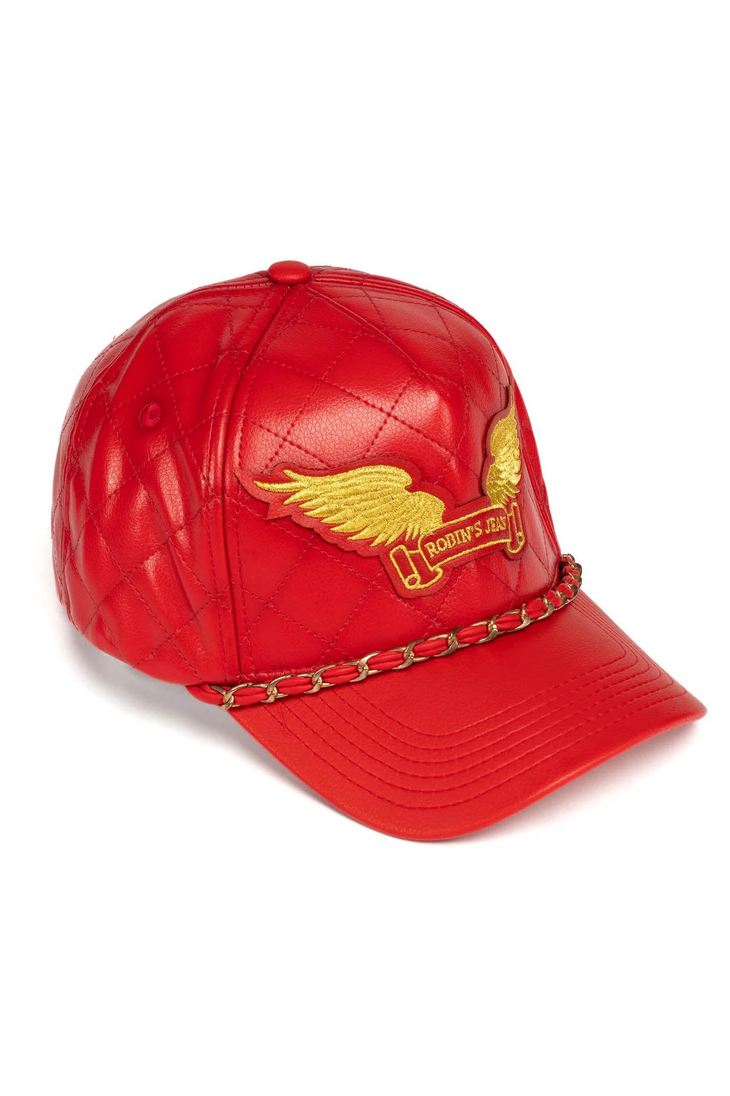 ROBINS LEATHER QUILTED CAP WITH GOLD WINGS STUDS AND COPPER CHAIN IN RED