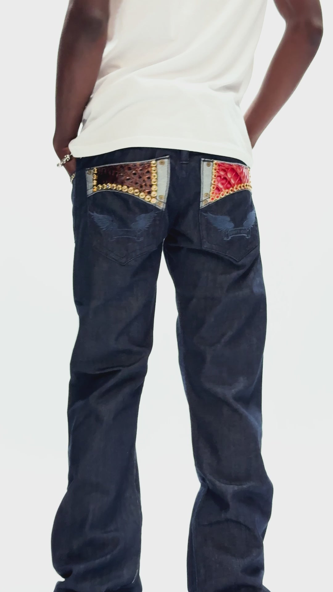 BOOT CUT JEAN WITH PATENT LEATHER POCKET EMBELLISHED WITH