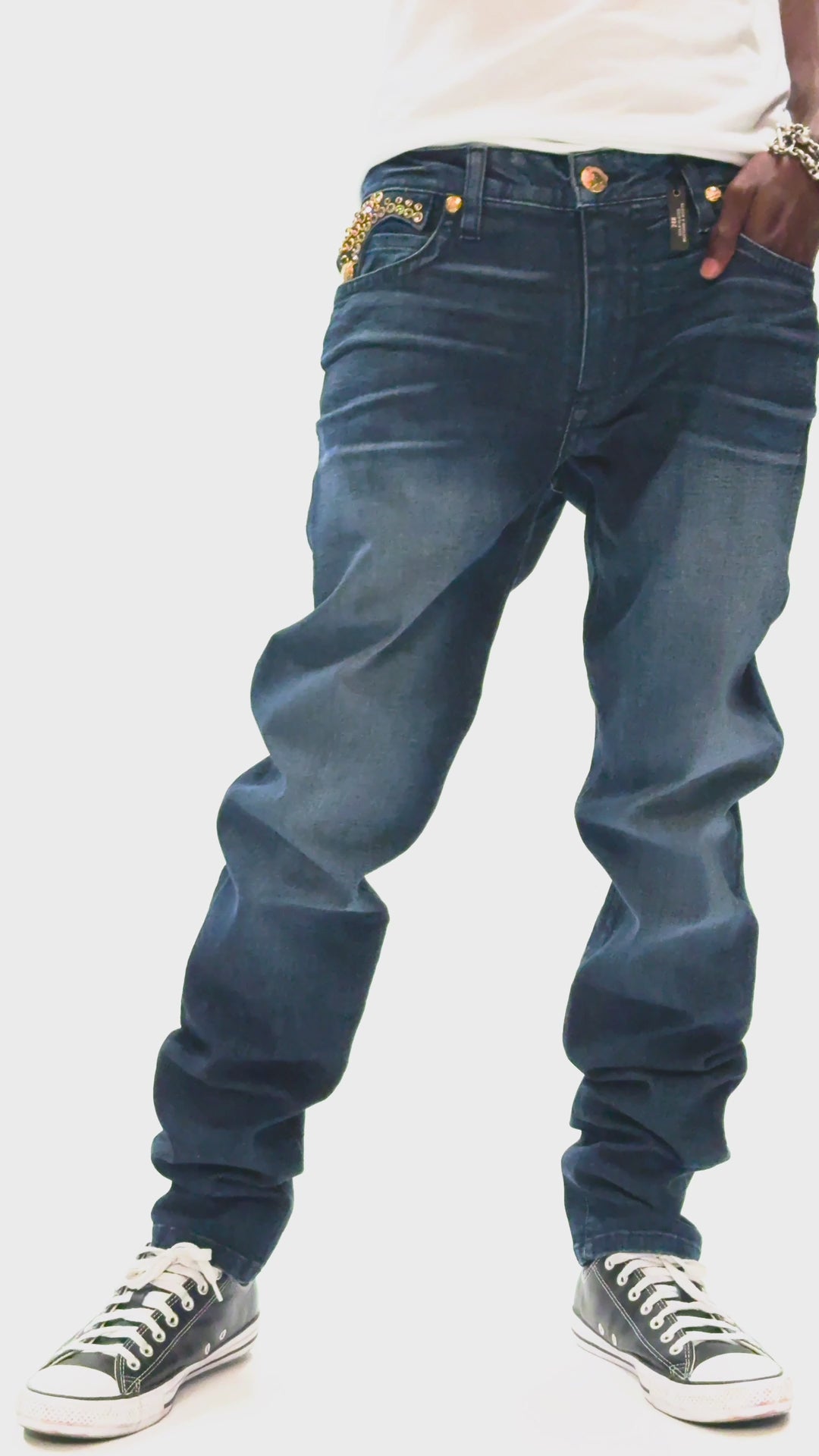 KILLER FLAP MENS SKINNY JEANS IN DARK BLUE WITH GOLD WINGS AND