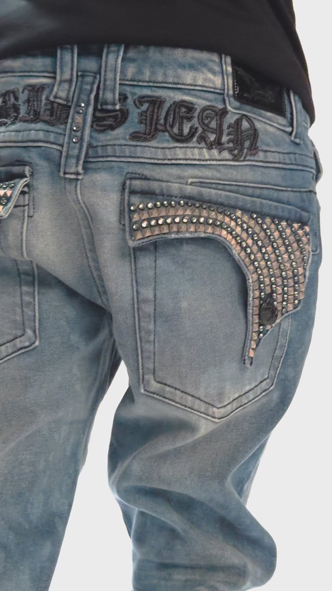 LONG FLAP SKINNY JEANS IN CRYSTAL BLUE WASH WITH STUDS AND