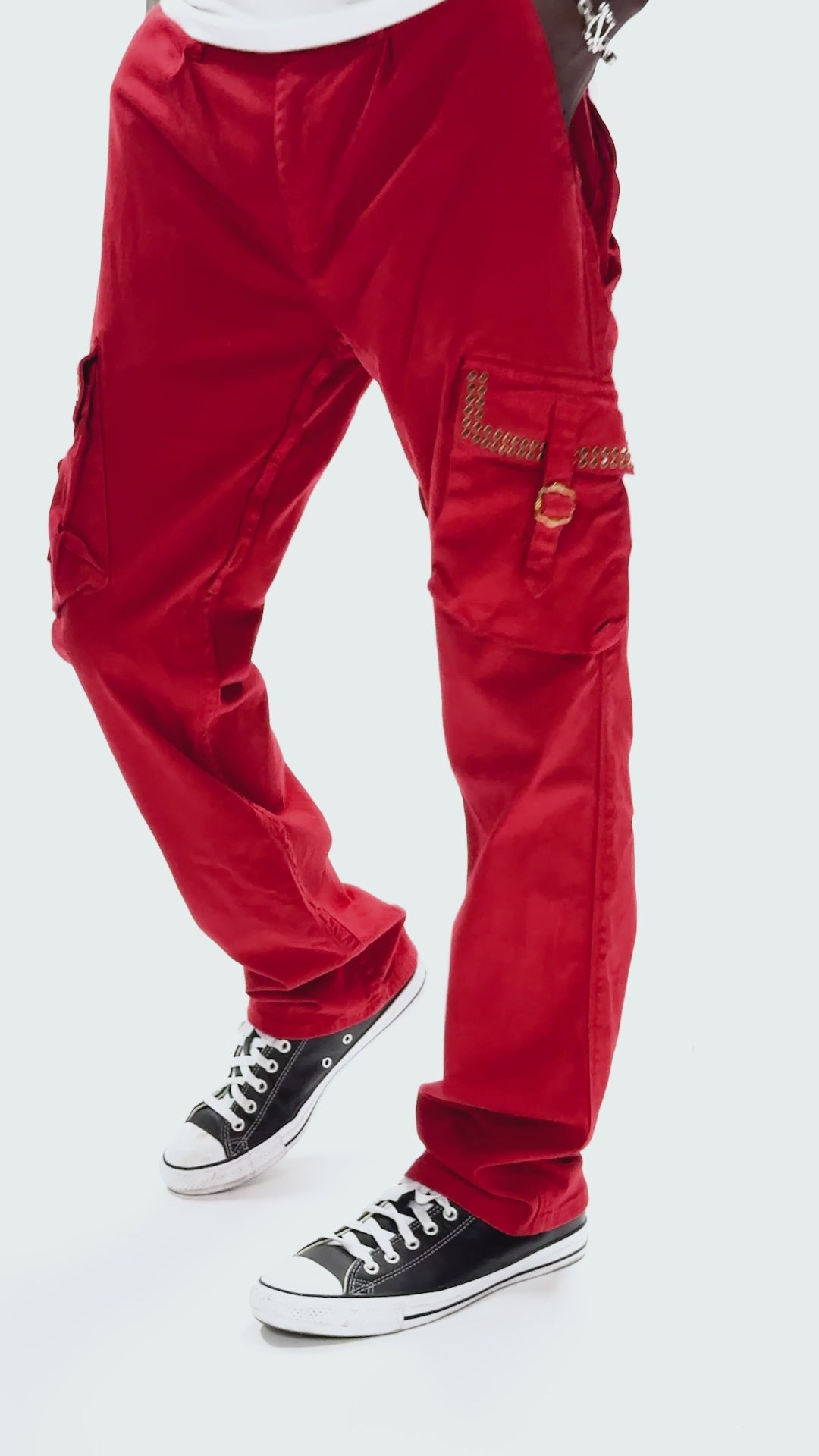 ROBINS NEW MILITARY STYLE CARGO PANTS IN RED WITH JET BLK CRYSTALS