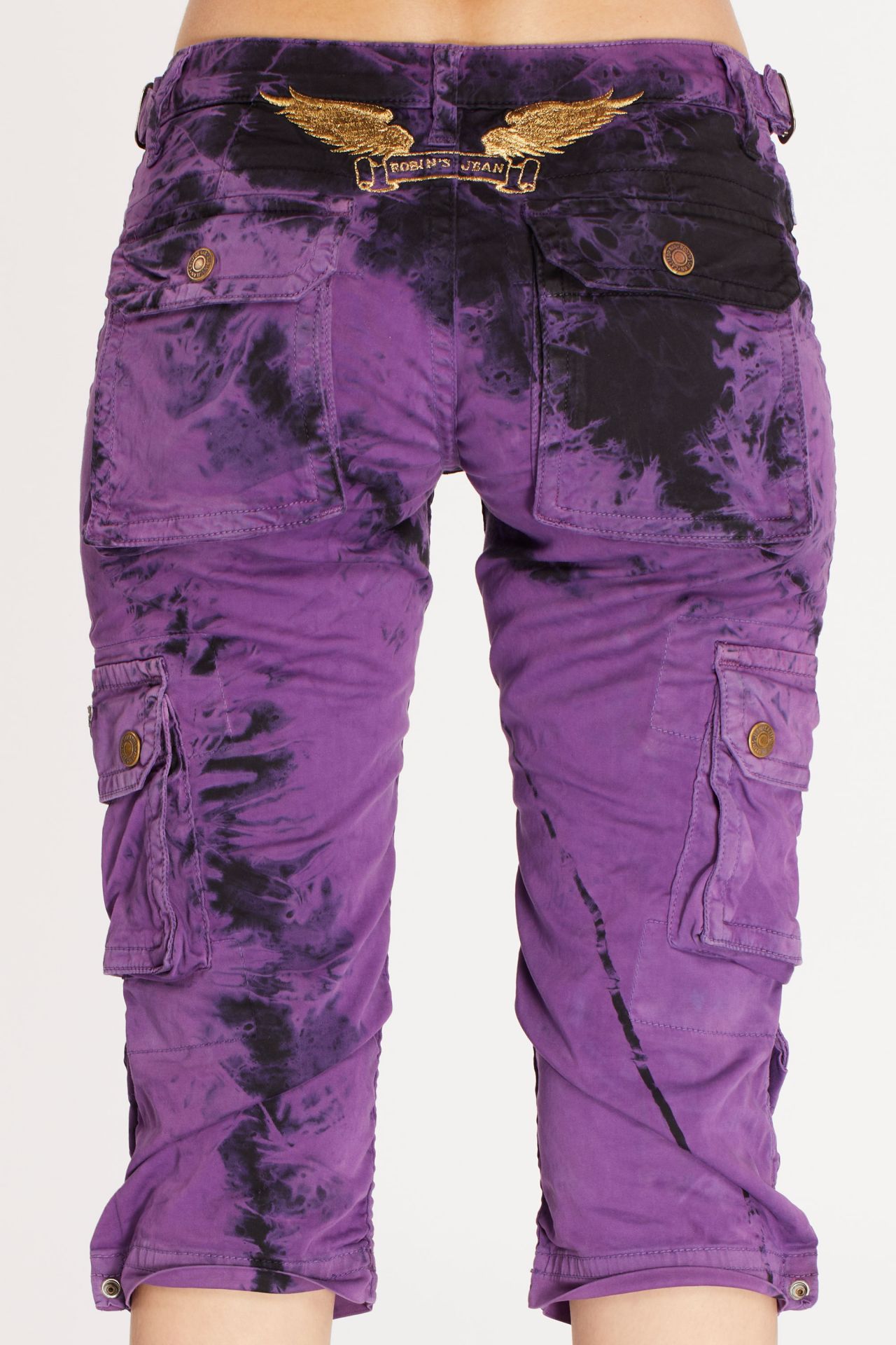 MILITARY STYLE ASSORTED PATCH WOMENS CARGO SHORTS IN TYE DYE PURPLE AND  BLACK WASH