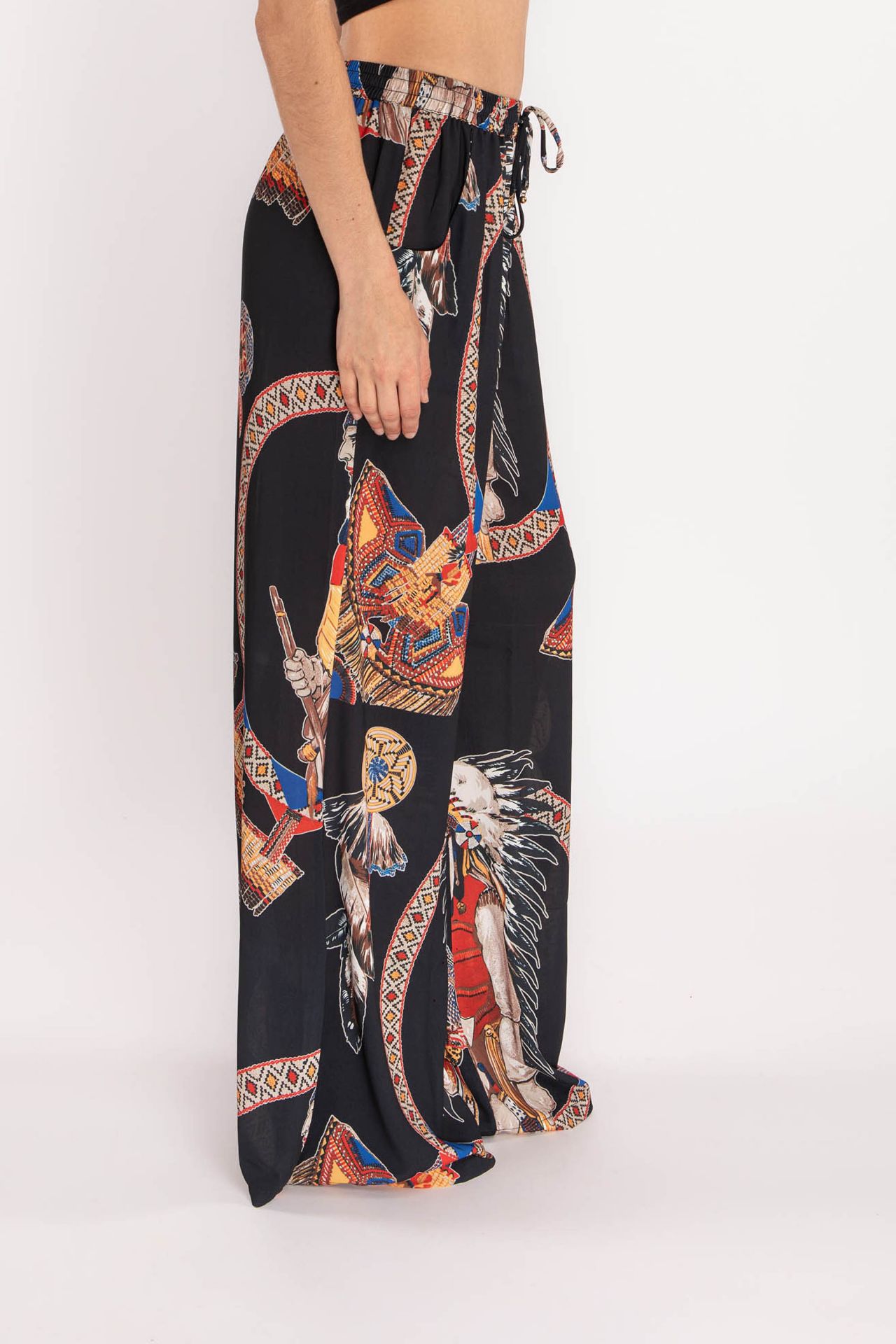 WOMENS LIGHTWEIGHT SUMMER PANTS WITH BLACK INDIAN PRINT