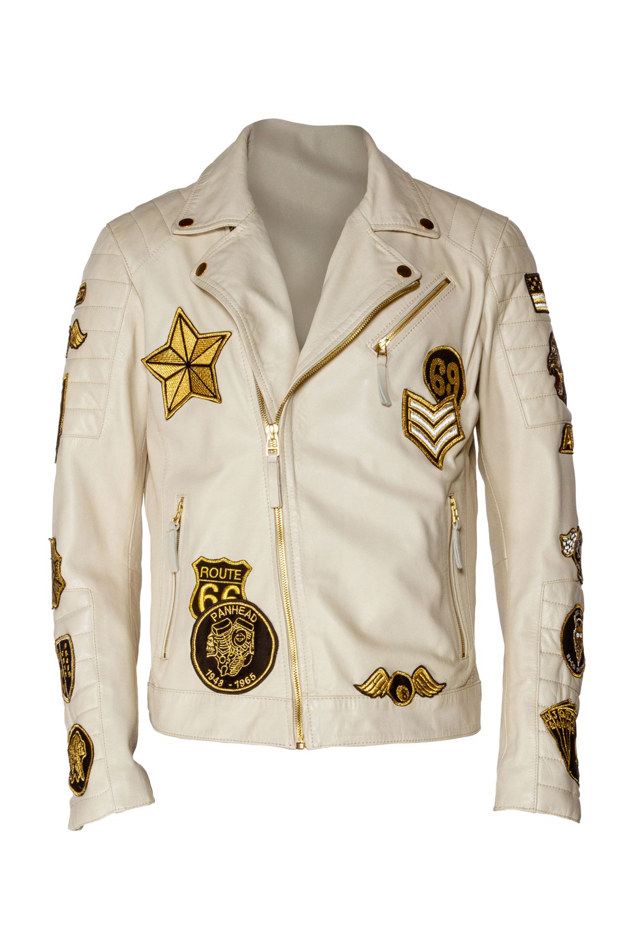 WHITE LEATHER BIKER JACKET WITH PATCHWORK