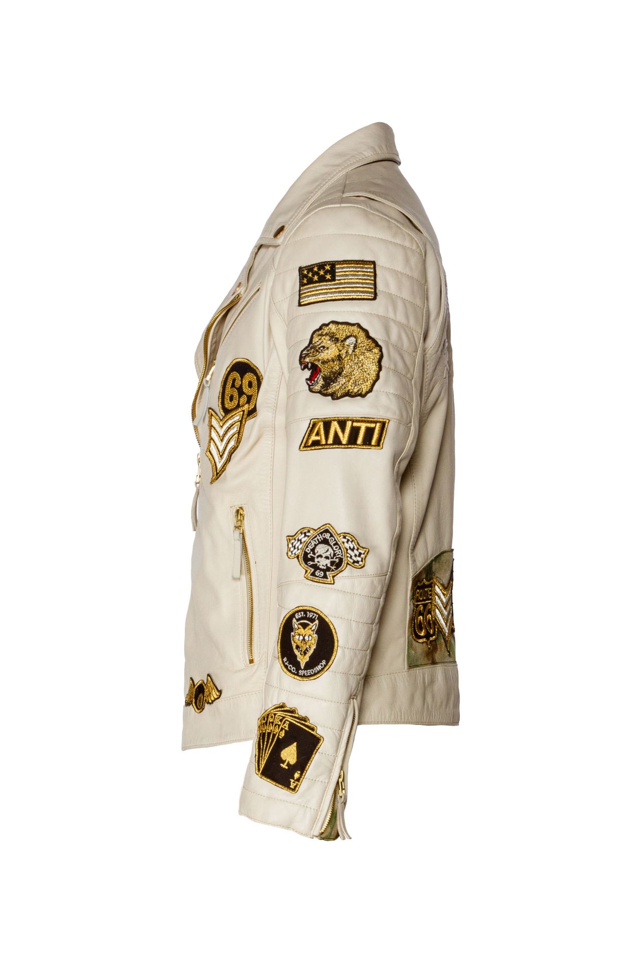 WHITE LEATHER BIKER JACKET WITH PATCHWORK
