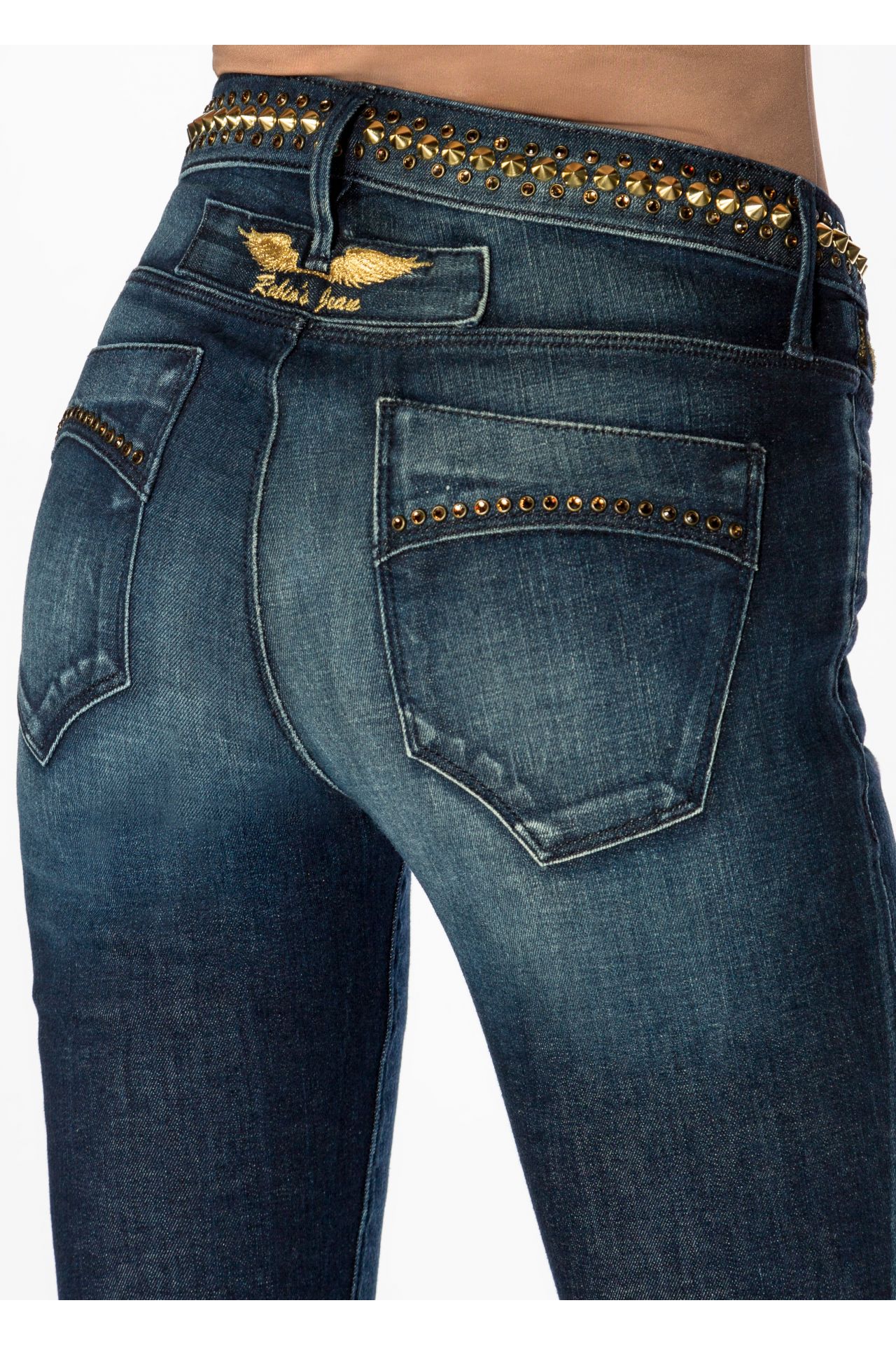 MID RISE SKINNY JEANS IN DARK WASH WITH STUDS AND SW