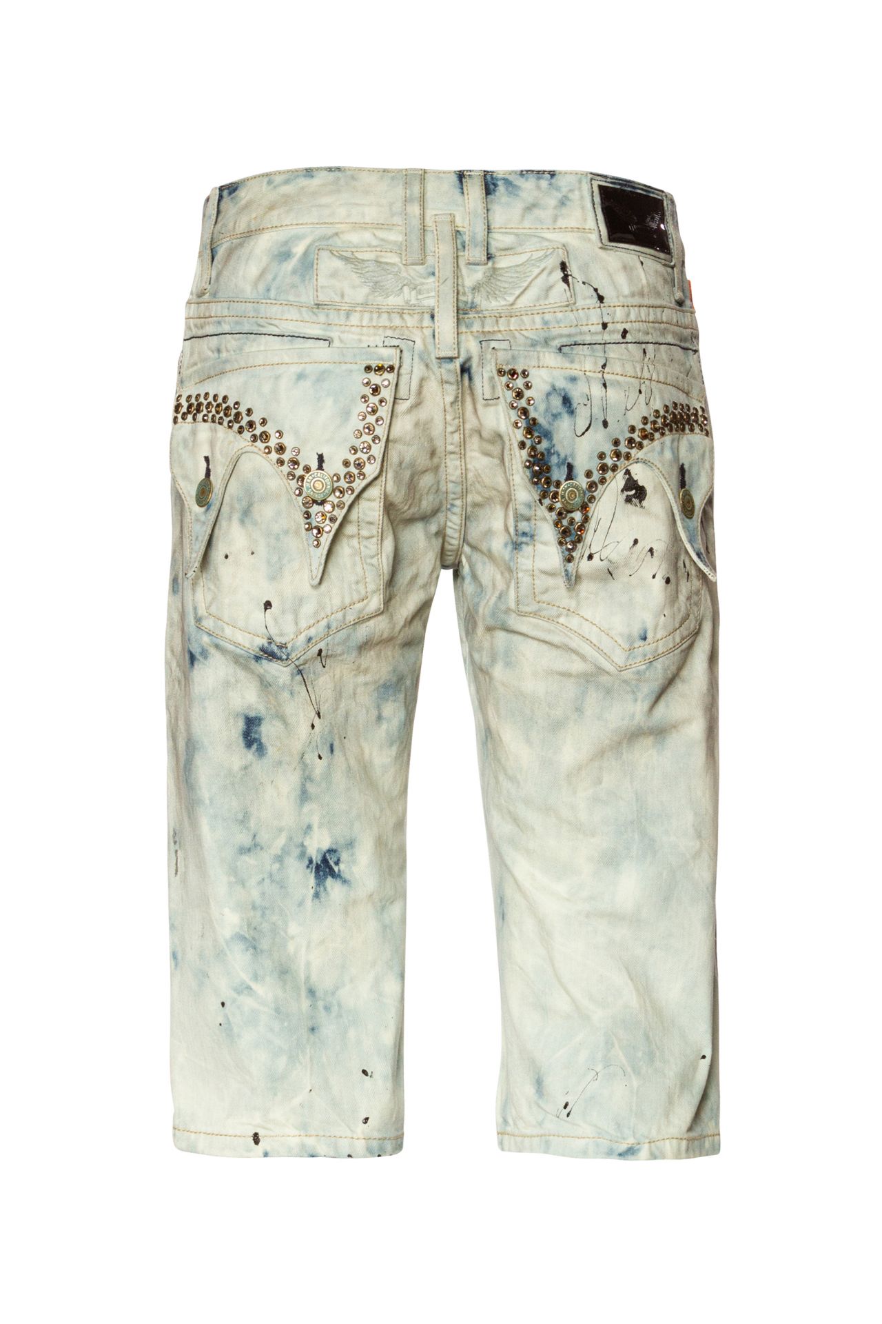 ACID WASH DOUBLE FLAP SHORTS WITH CRYSTALS