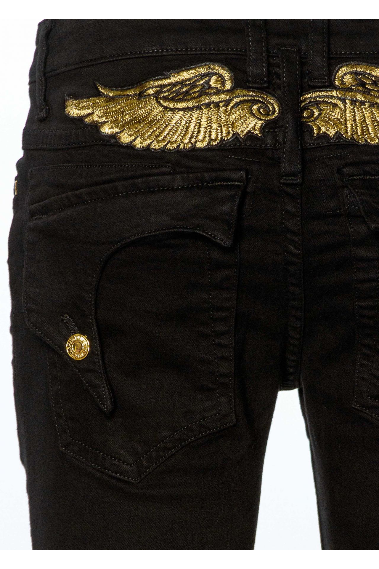 KILLER FLAP MENS SKINNY JEANS IN BLACK WITH GOLD WINGS