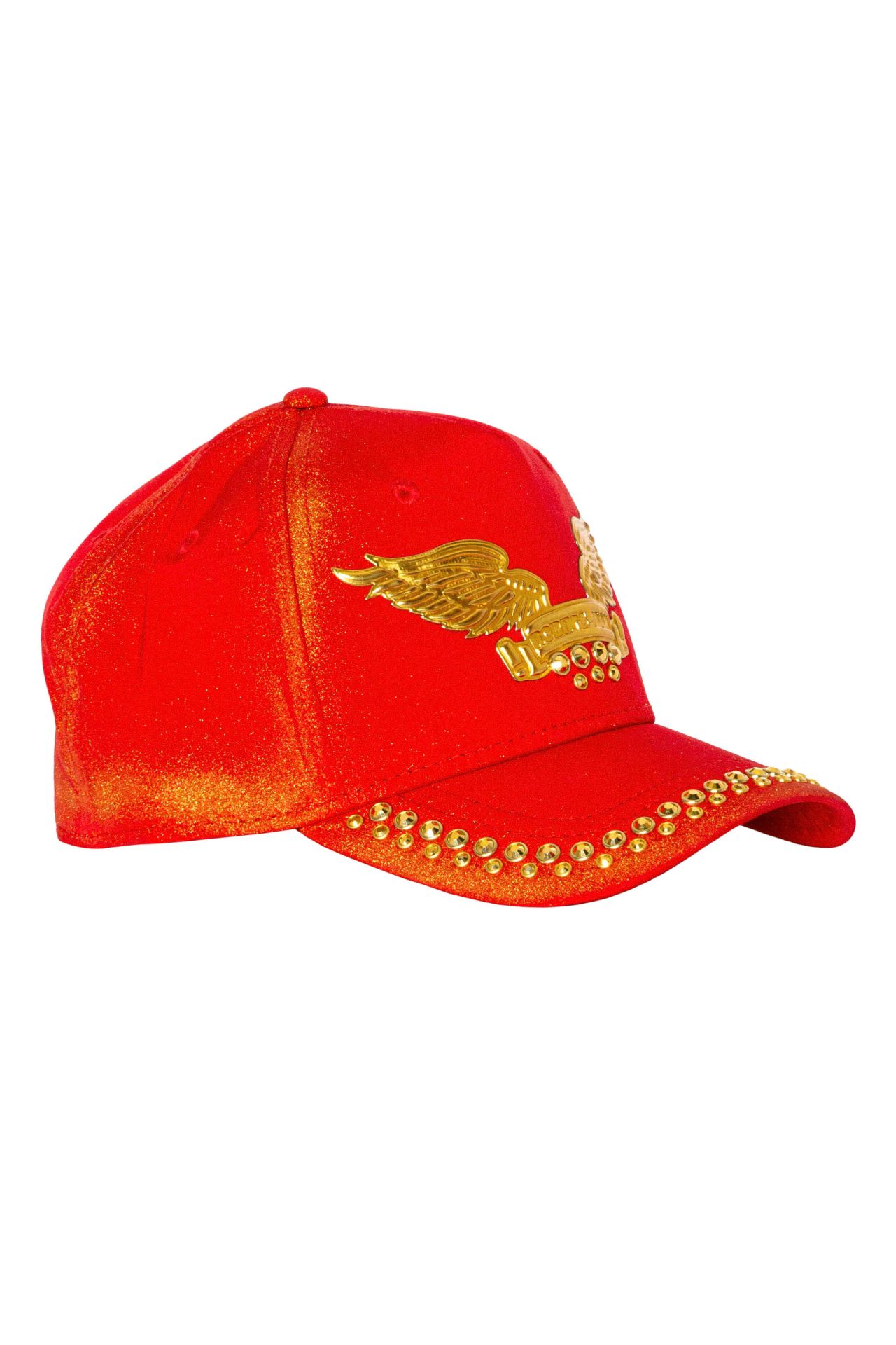 GOLD DUST CAP IN RED WITH GOLD WINGS AND CRYSTALS