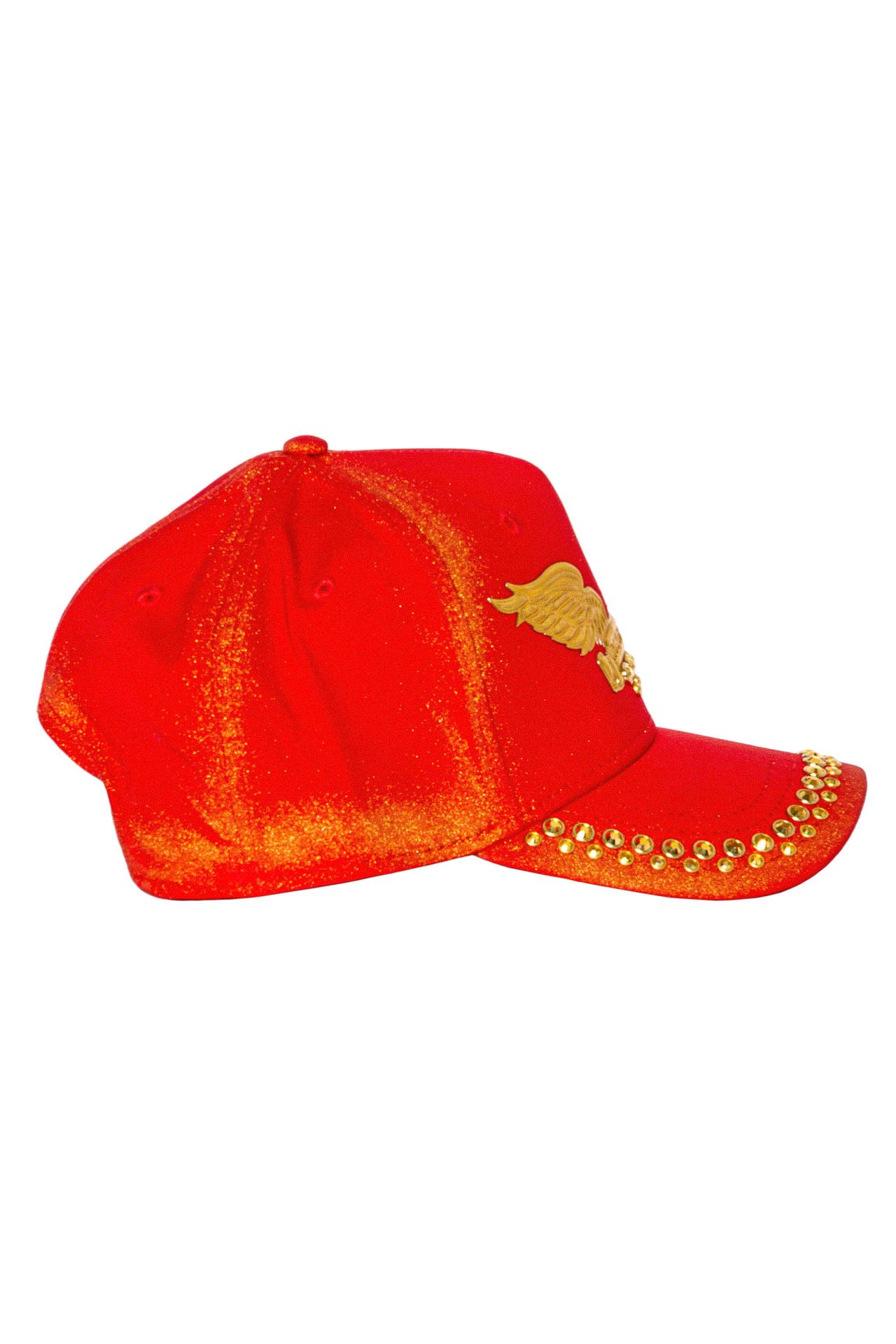 GOLD DUST CAP IN RED WITH GOLD WINGS AND CRYSTALS