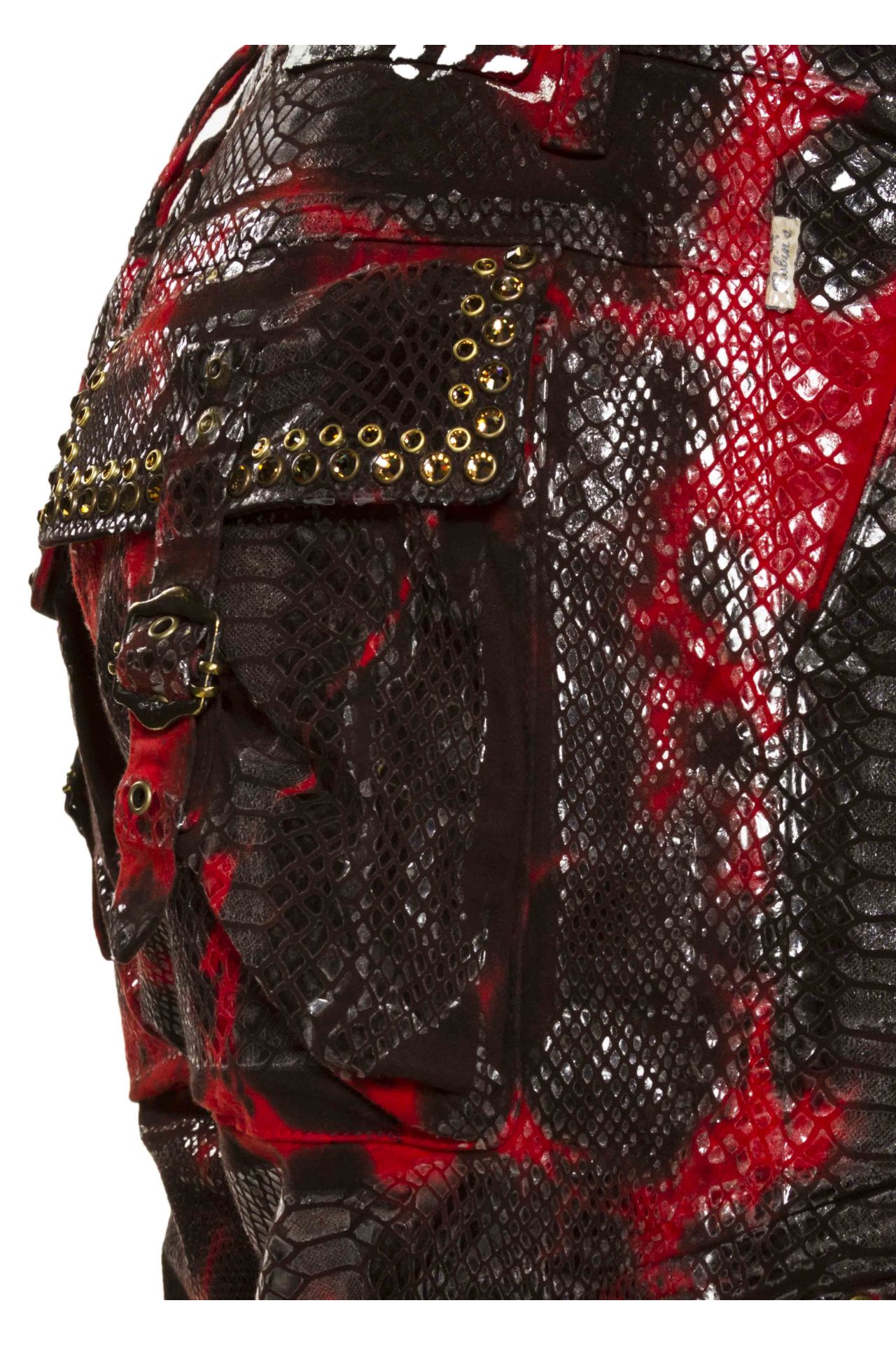 PYTHON CARGO SHORTS WITH CRYSTALS IN RED