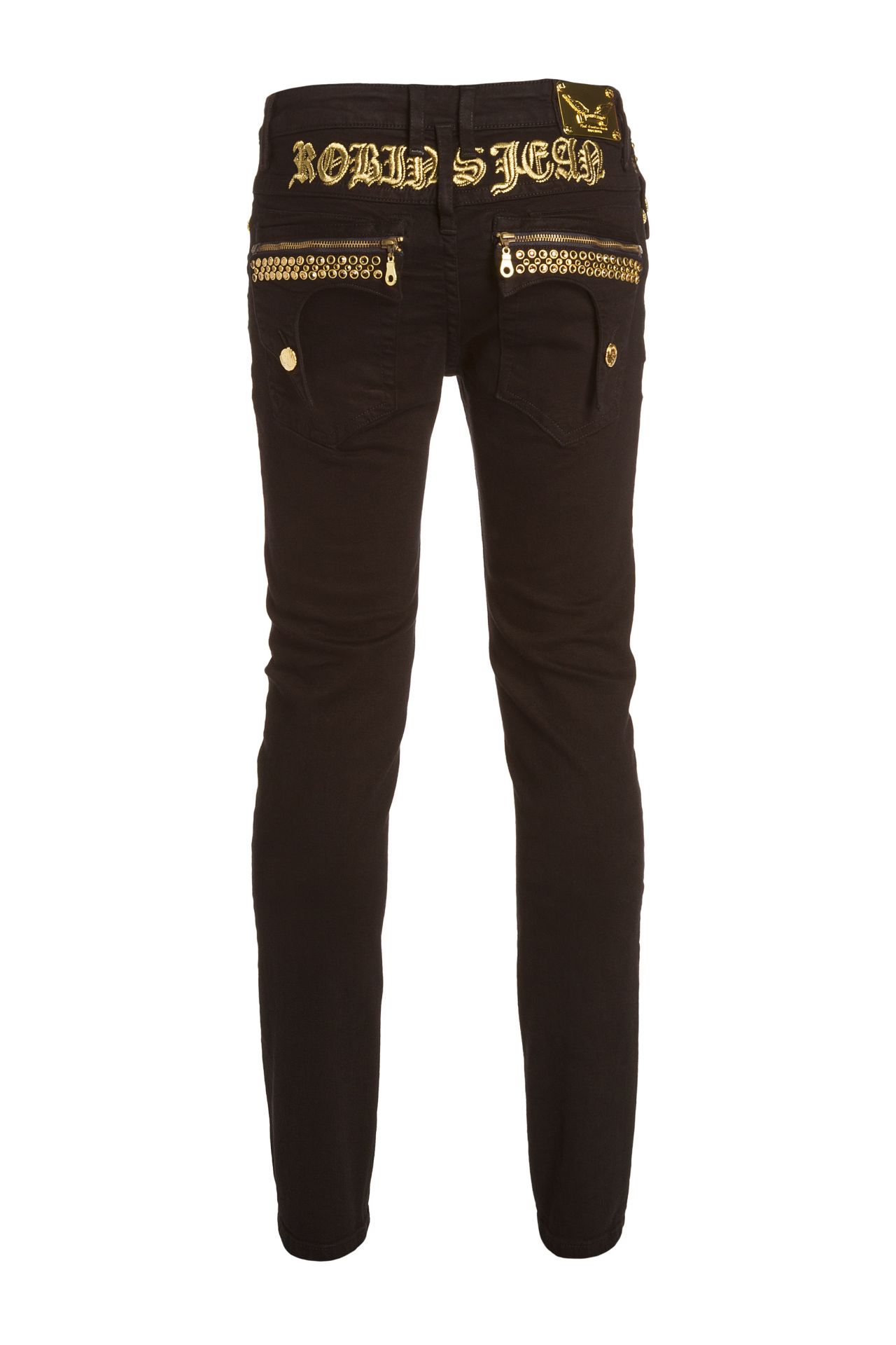 ZIPPER KILLER FLAP MENS SKINNY JEANS IN BLACK WITH GOLD CRYSTALS