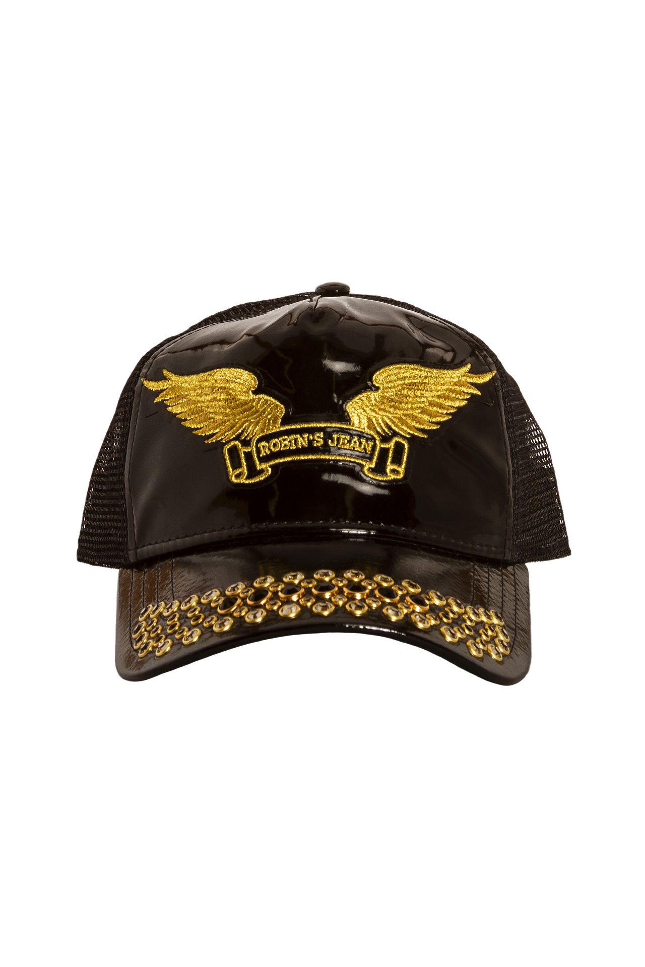 TRUCKER CAP IN PATENT BLACK WITH GOLD WINGS AND CRYSTALS