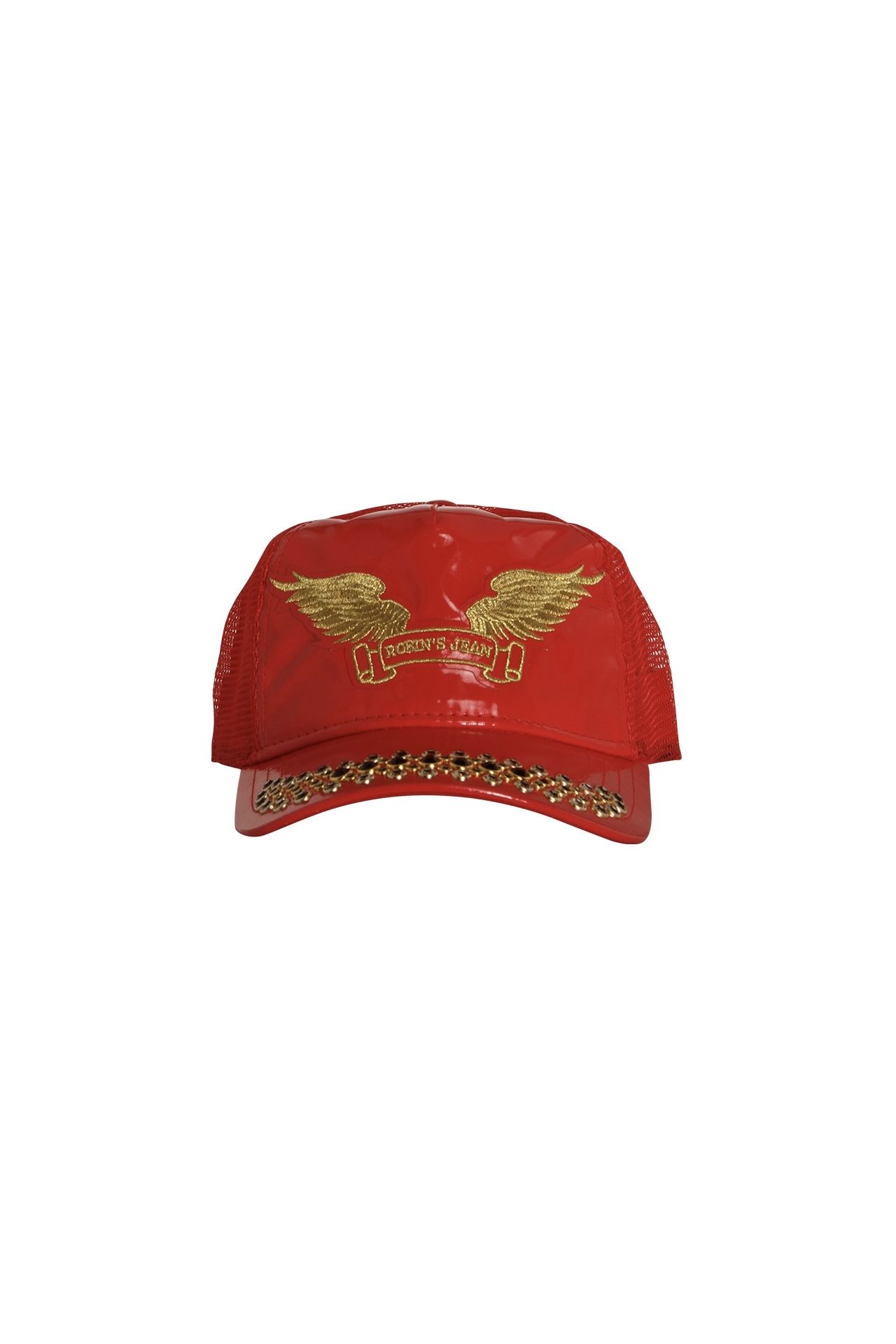 TRUCKER CAP IN PATENT RED WITH GOLD WINGS AND CRYSTALS