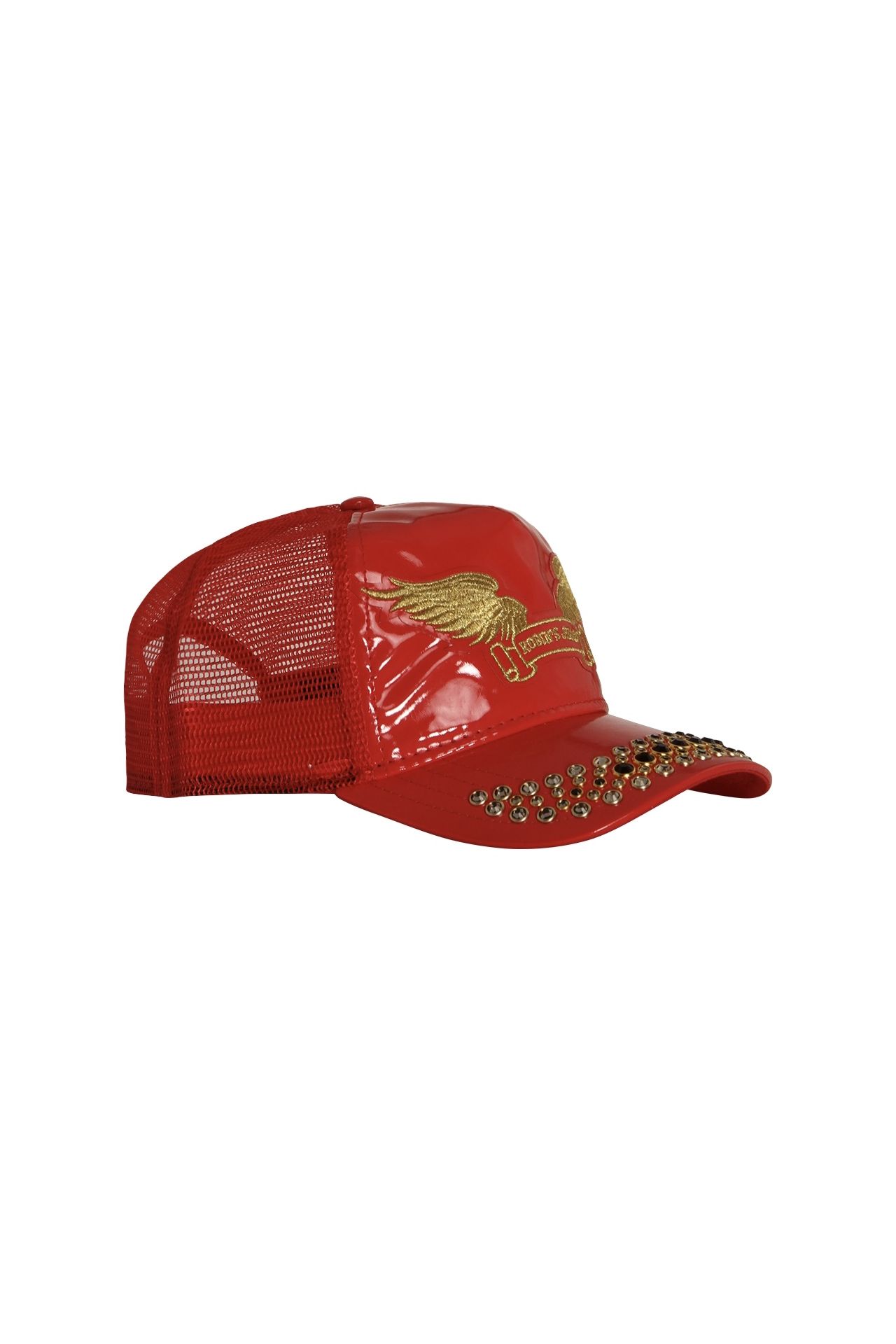 TRUCKER CAP IN PATENT RED WITH GOLD WINGS AND CRYSTALS