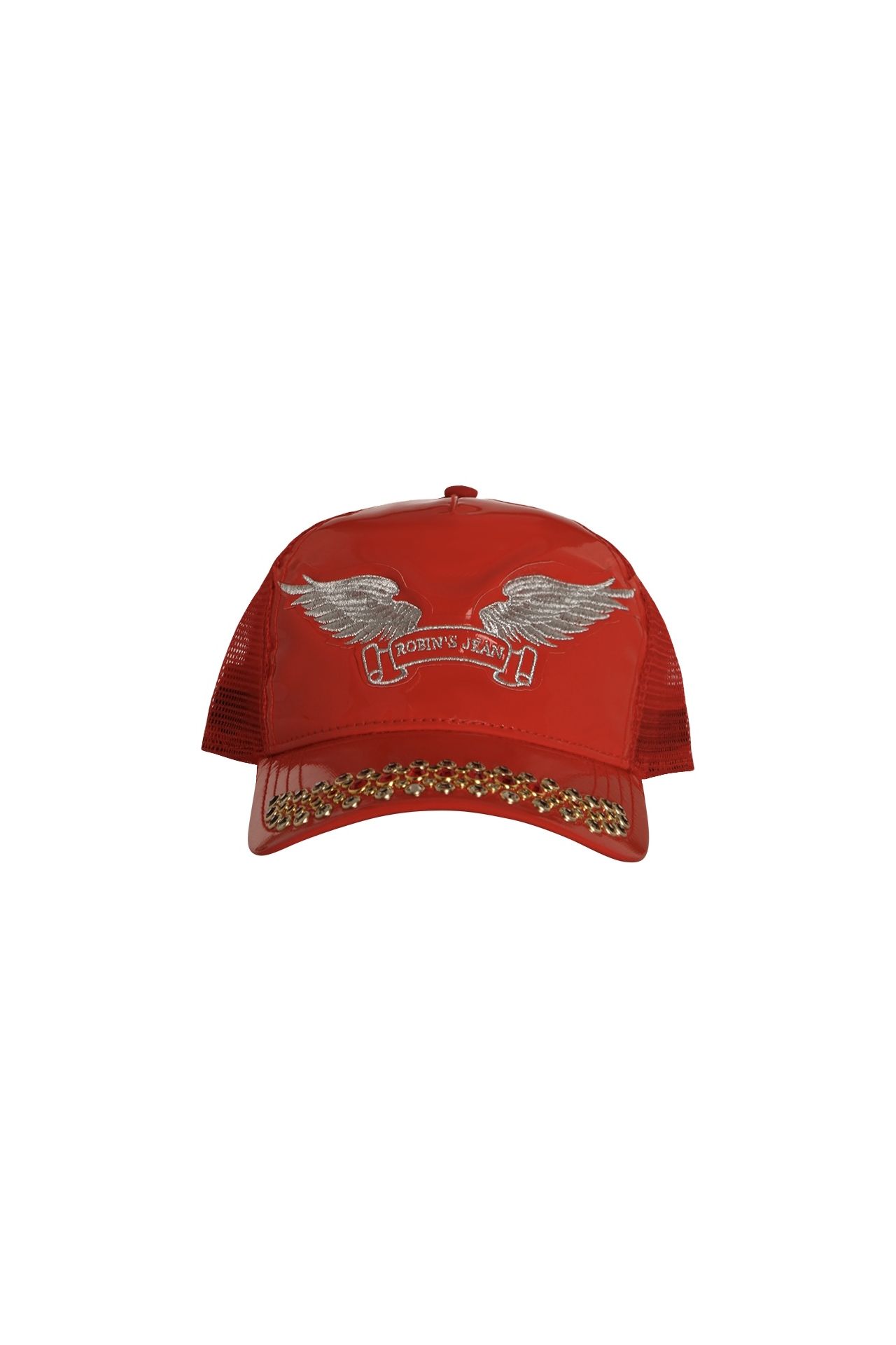 TRUCKER CAP IN PATENT RED WITH SILVER WINGS AND CRYSTALS