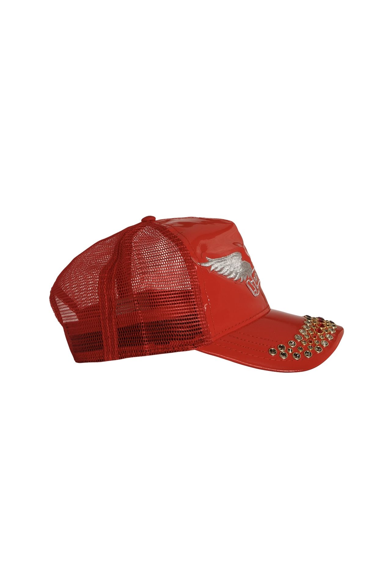 TRUCKER CAP IN PATENT RED WITH SILVER WINGS AND CRYSTALS