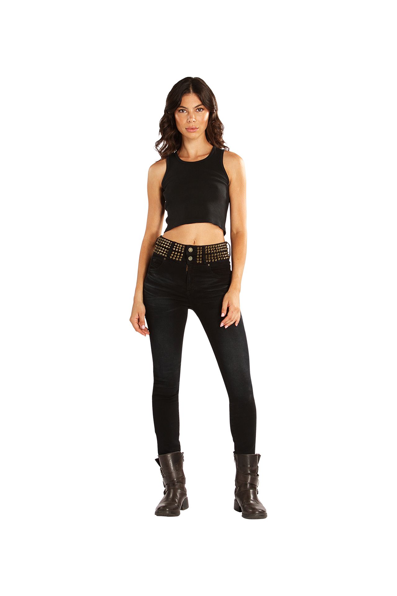 ROBIN'S DOUBLE WAIST SKINNY WITH SPIKES IN F-UP BLACK