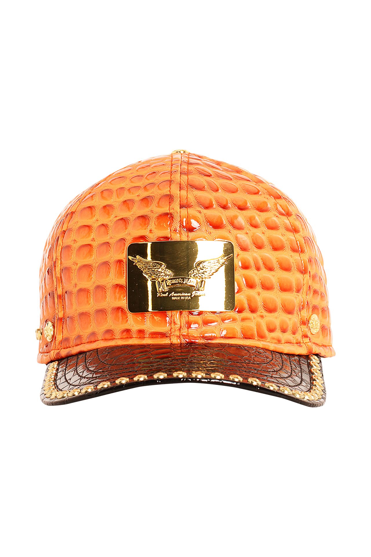 ROBIN'S GOLD TAG CAP IN ORANGE AND BLACK LIZARD WITH GOLD NAILHEADS