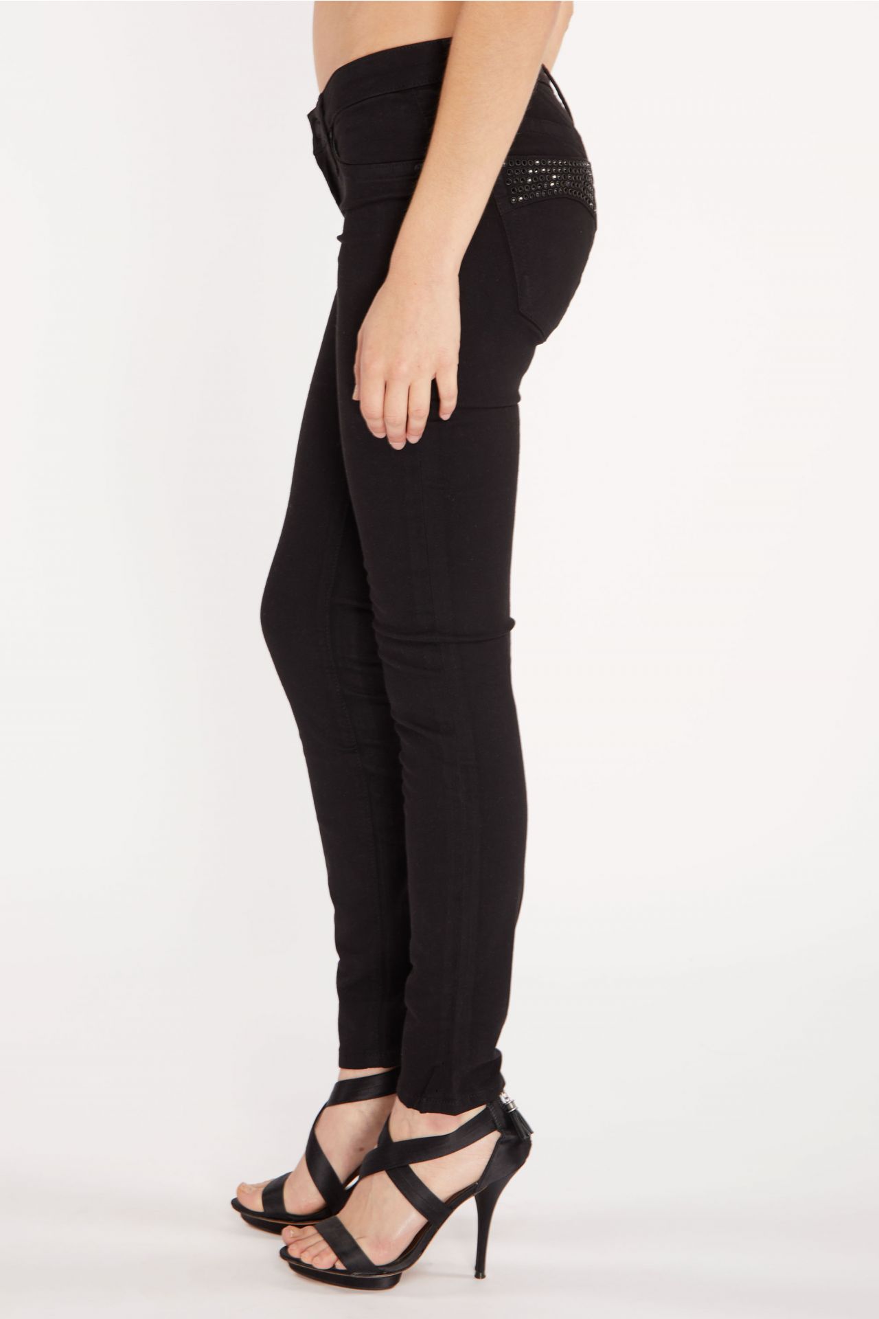 MARILYN LOW RISE WOMENS SKINNY JEANS IN BLACK WITH TONAL WINGS AND CRYSTALS