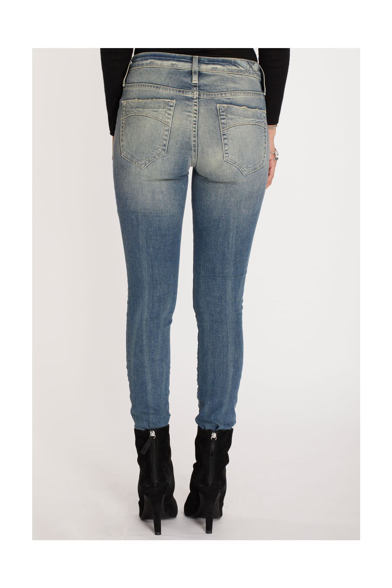 MIDRISE WOMENS SKINNY JEANS IN RIPPED BLUE WASH