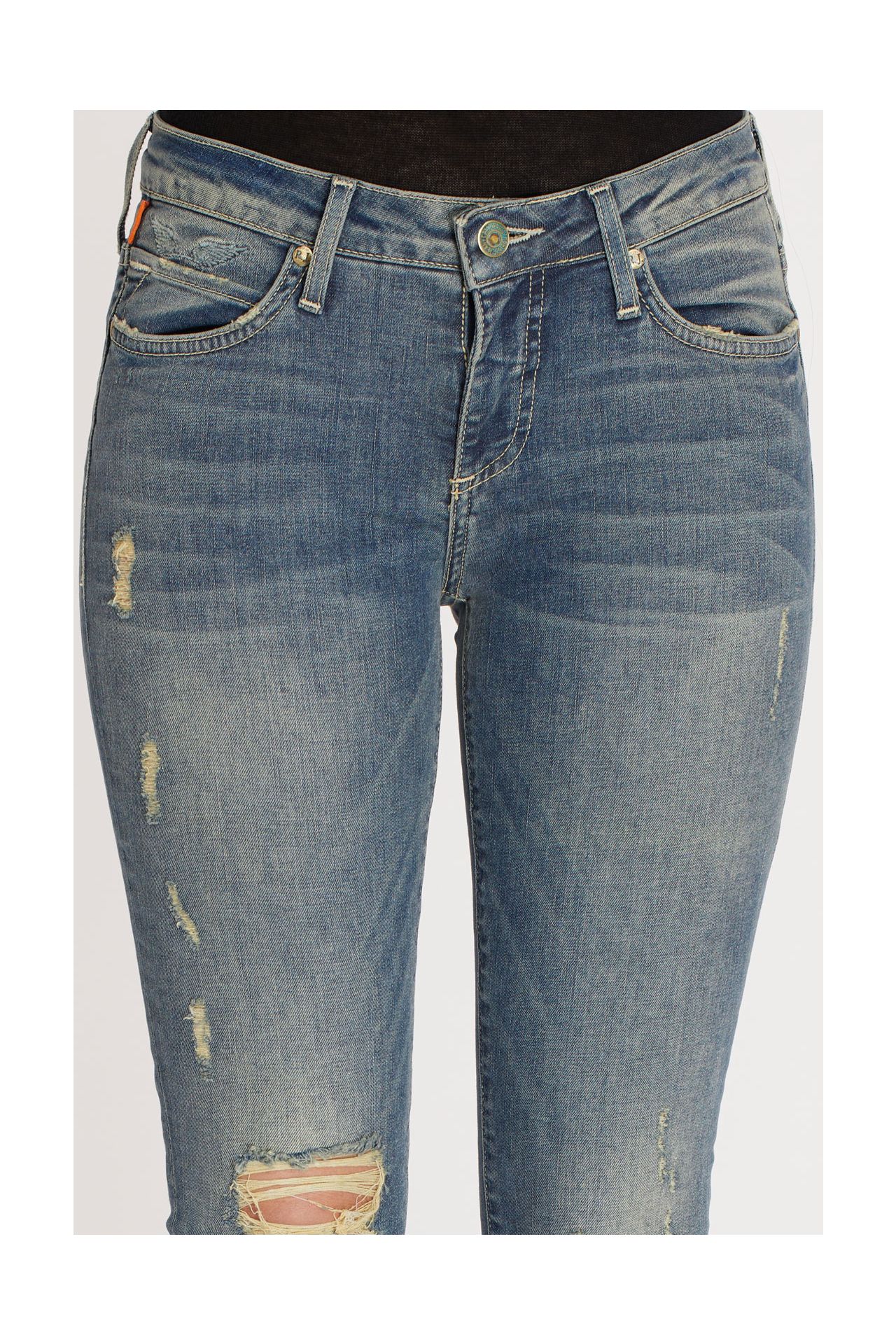 MIDRISE WOMENS SKINNY JEANS IN RIPPED BLUE WASH