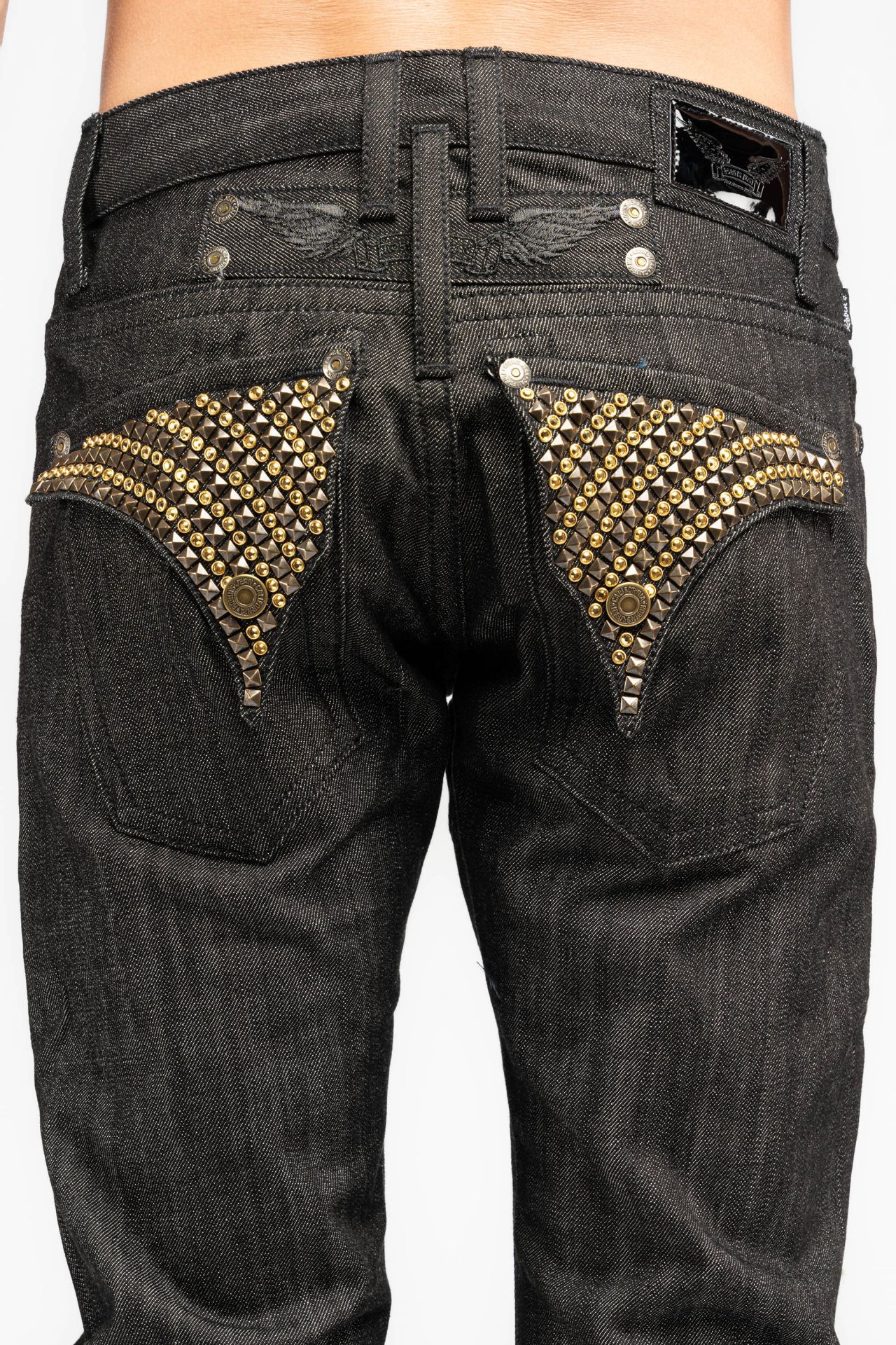 RAW DENIM COLLECTION MENS STRAIGHT LEG LONG FLAP JEANS WITH STUDS AND CRYSTALS