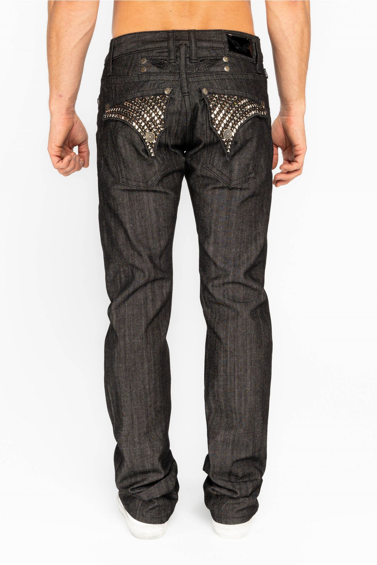 RAW DENIM COLLECTION MENS STRAIGHT LEG LONG FLAP JEANS WITH CRYSTALS