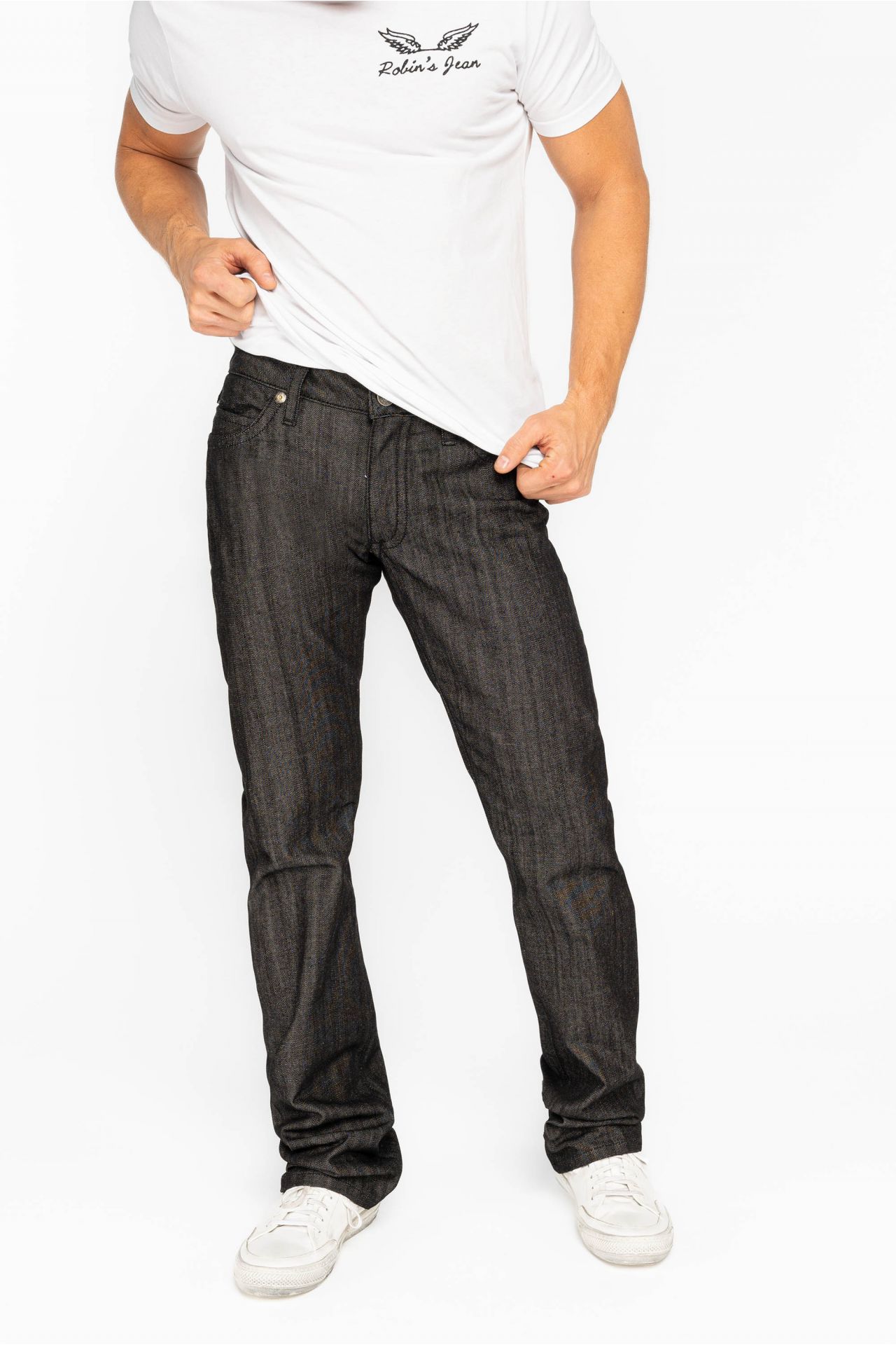 RAW DENIM COLLECTION MENS STRAIGHT LEG LONG FLAP JEANS WITH CRYSTALS